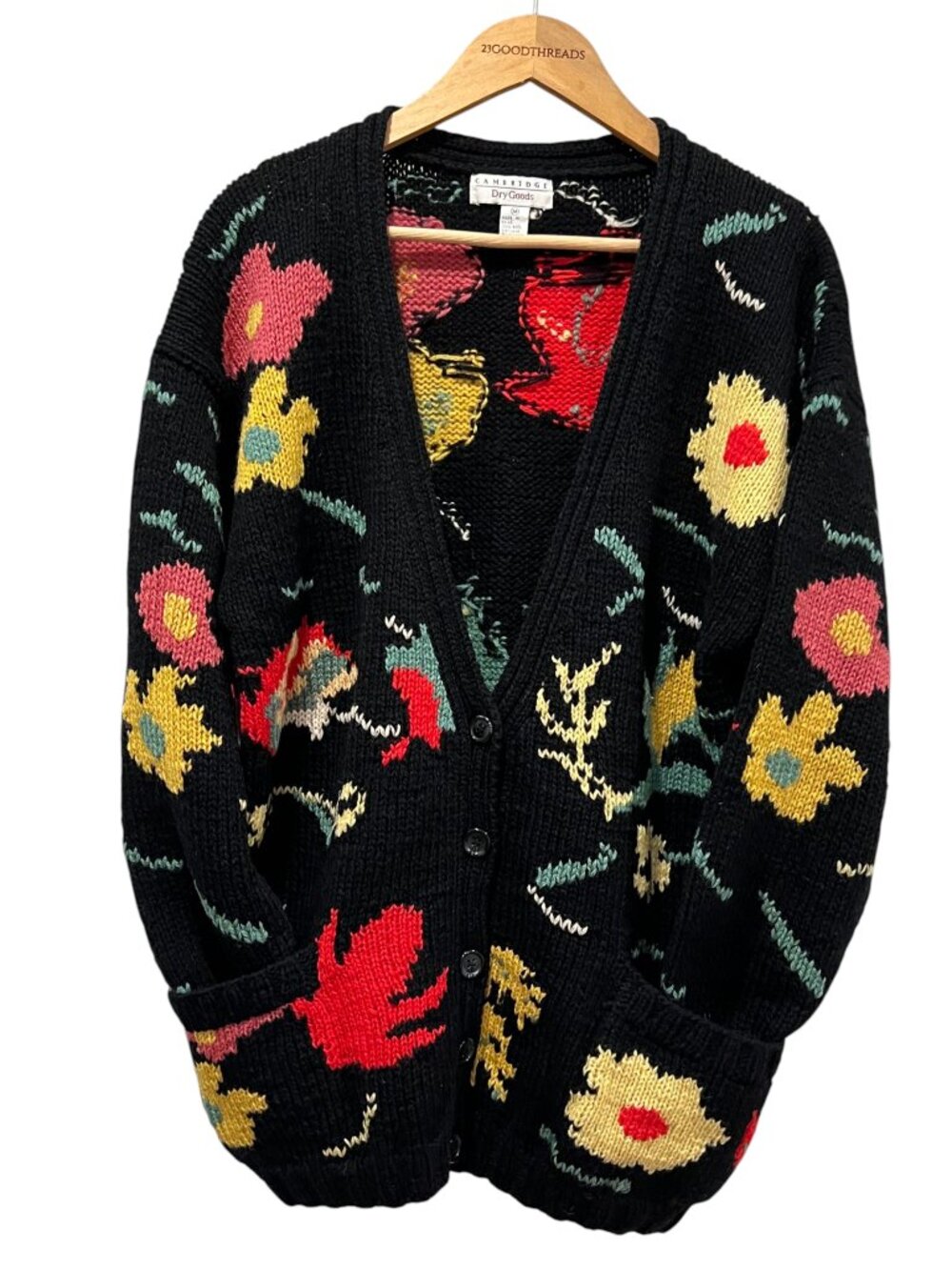 Cambridge 80s Oversized Floral Knit Wool Cardigan, Black, M